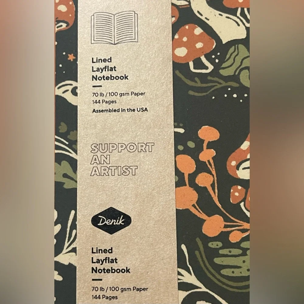 Denik Mushroom Folk Art Layflat Notebook - Olive Green & Orange, NWT
